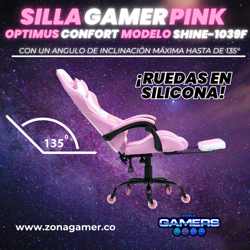 Silla Gamer Shine-1039F Pink  con reposapiés y ruedas en silicona