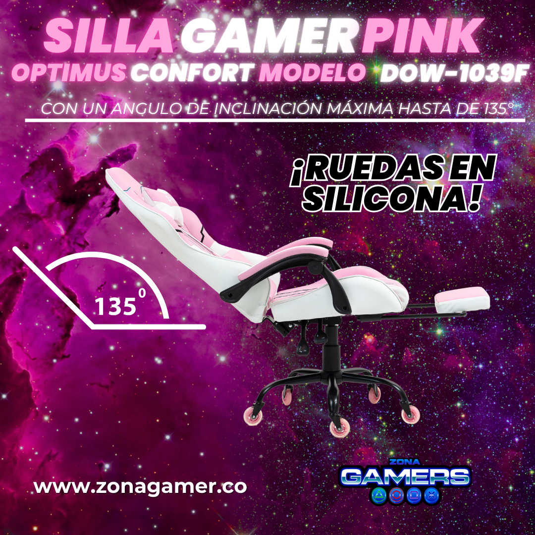 Silla Gamer DOW-1039F Pink con reposapiés y ruedas en silicona