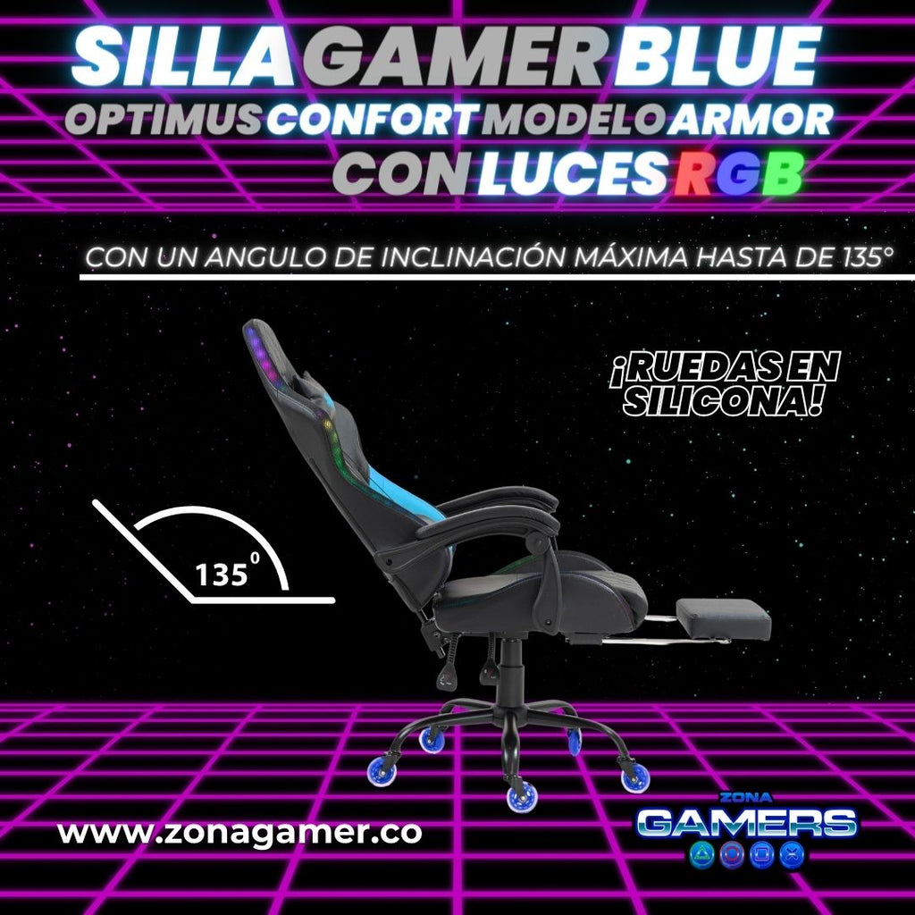 Silla gamer Armor Blue con luces RGB + reposapiés y ruedas en silicona