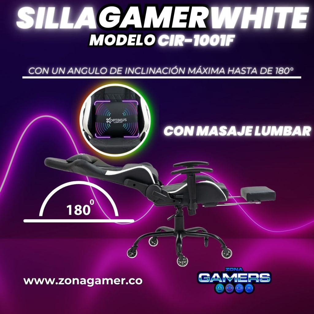 Silla Gamer CIR-1001F White con masajeador lumbar y reposapiés incluido