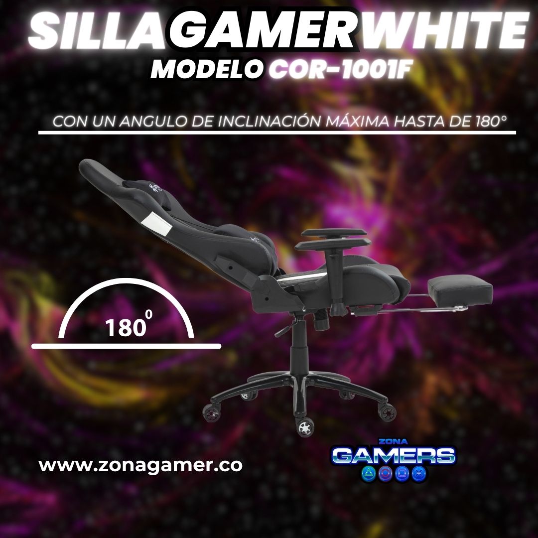 Silla Gamer COR-1001F White con reposapiés