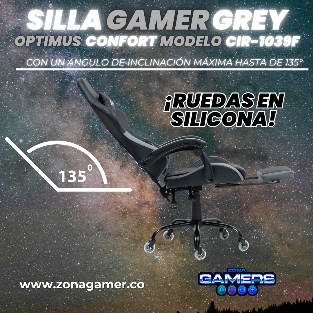 Silla Gamer CIR-1039F Grey con reposapiés y ruedas en silicona