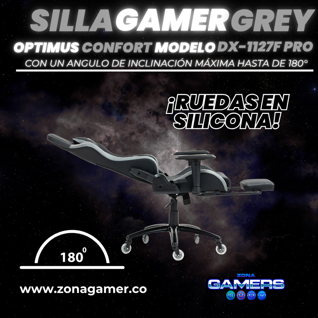 Silla Gamer DX-1127F PRO Grey con reposapiés y ruedas en silicona