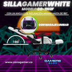 Silla Gamer White + masajeador lumbar, tapizada en tela con reposapiés y ruedas en silicona