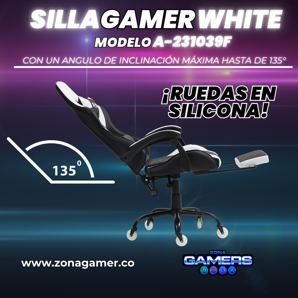 Silla Gamer A231039F White con reposapiés y ruedas en silicona