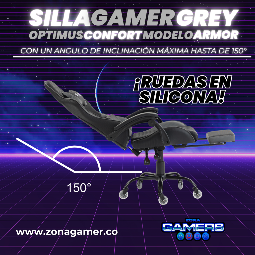 Silla Gamer ARMOR-1039F Grey con reposapiés y ruedas en silicona