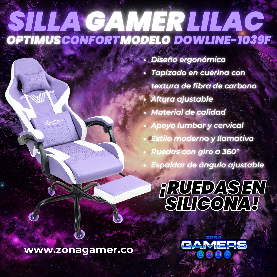 Silla Gamer DOWLINE-1039F Lilac con reposapiés y ruedas en silicona