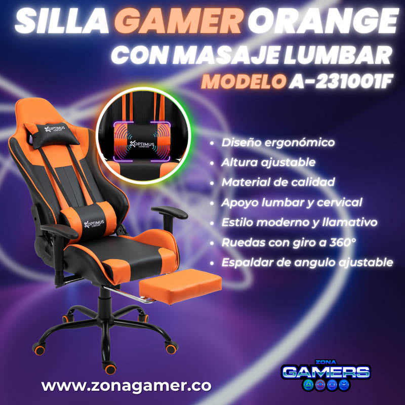 Silla Gamer A231001F Orange con masajeador lumbar y reposapies incluido
