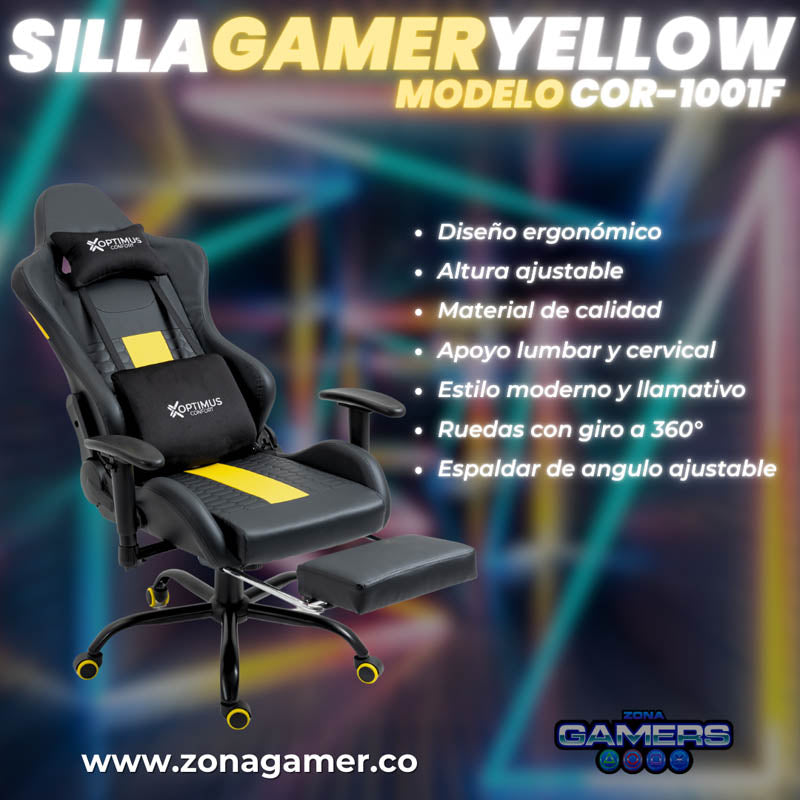 Silla Gamer COR-1001F Yellow con reposapiés