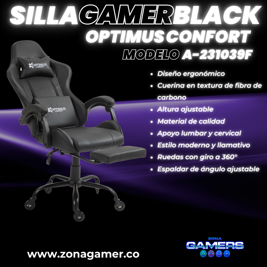 Silla Gamer A231039F Black con reposapiés y ruedas en silicona