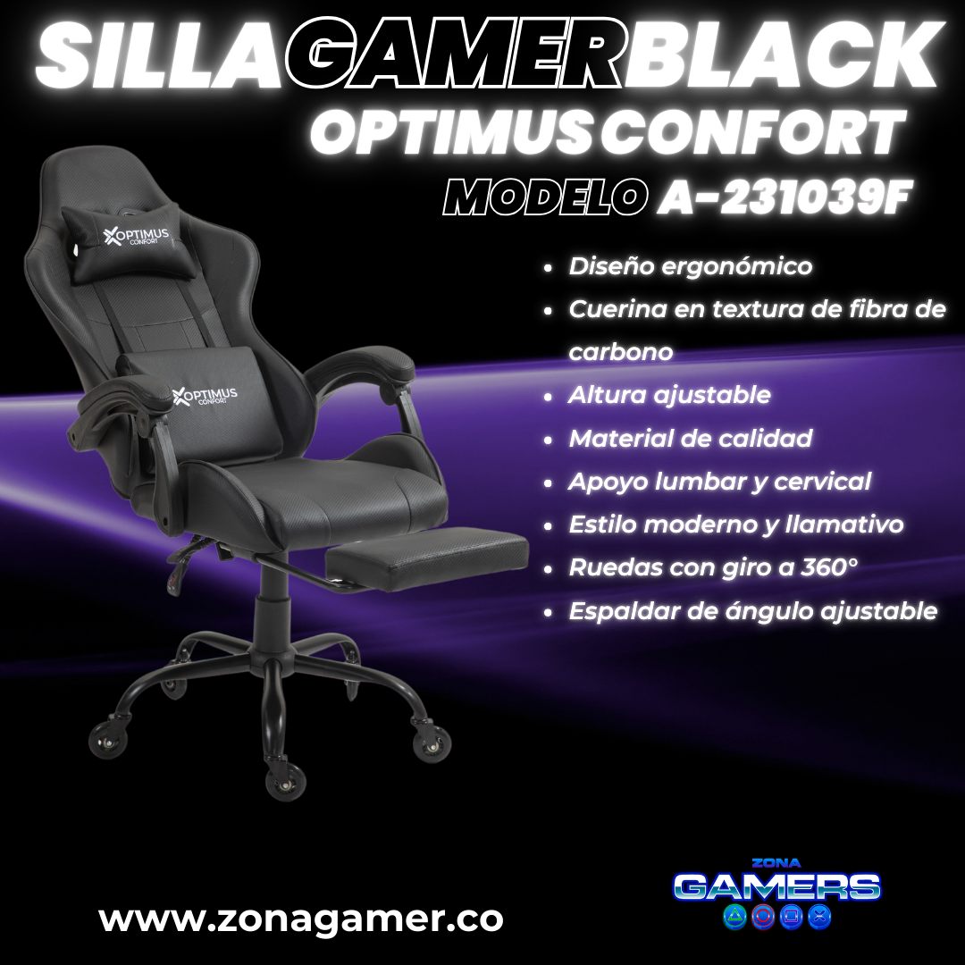 Silla Gamer A231039F Black con reposapiés y ruedas en silicona