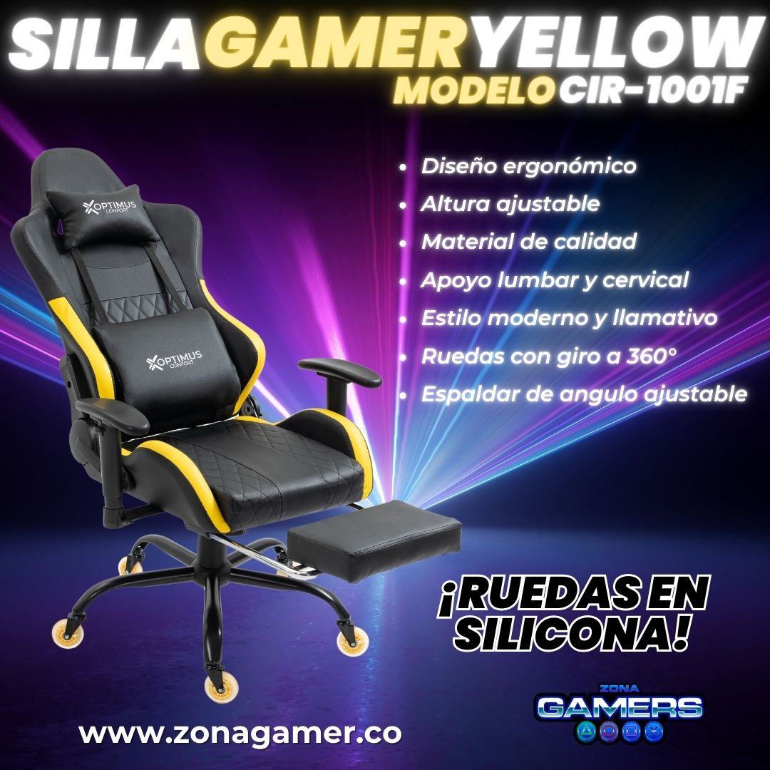 Silla Gamer CIR-1001F Yellow con reposapiés y ruedas en silicona
