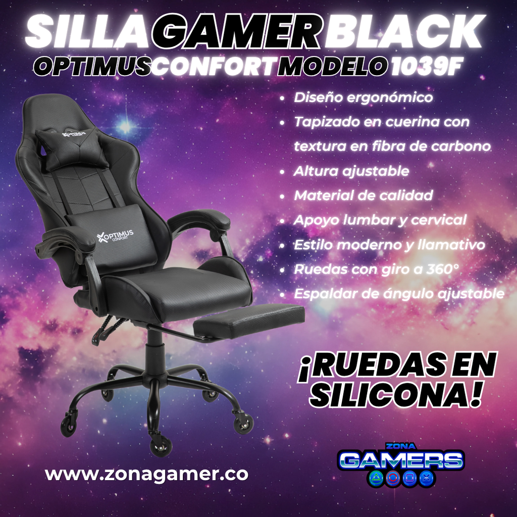 Silla Gamer 1039F Black con reposapiés y ruedas en silicona