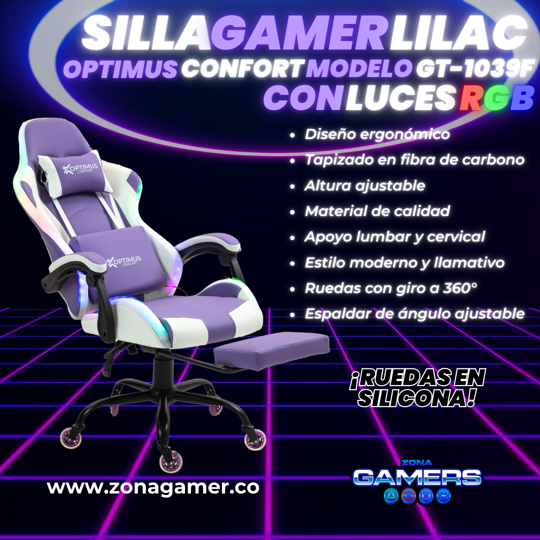 Silla gamer GT-1039F Lilac con luces RGB + reposapiés y ruedas en silicona