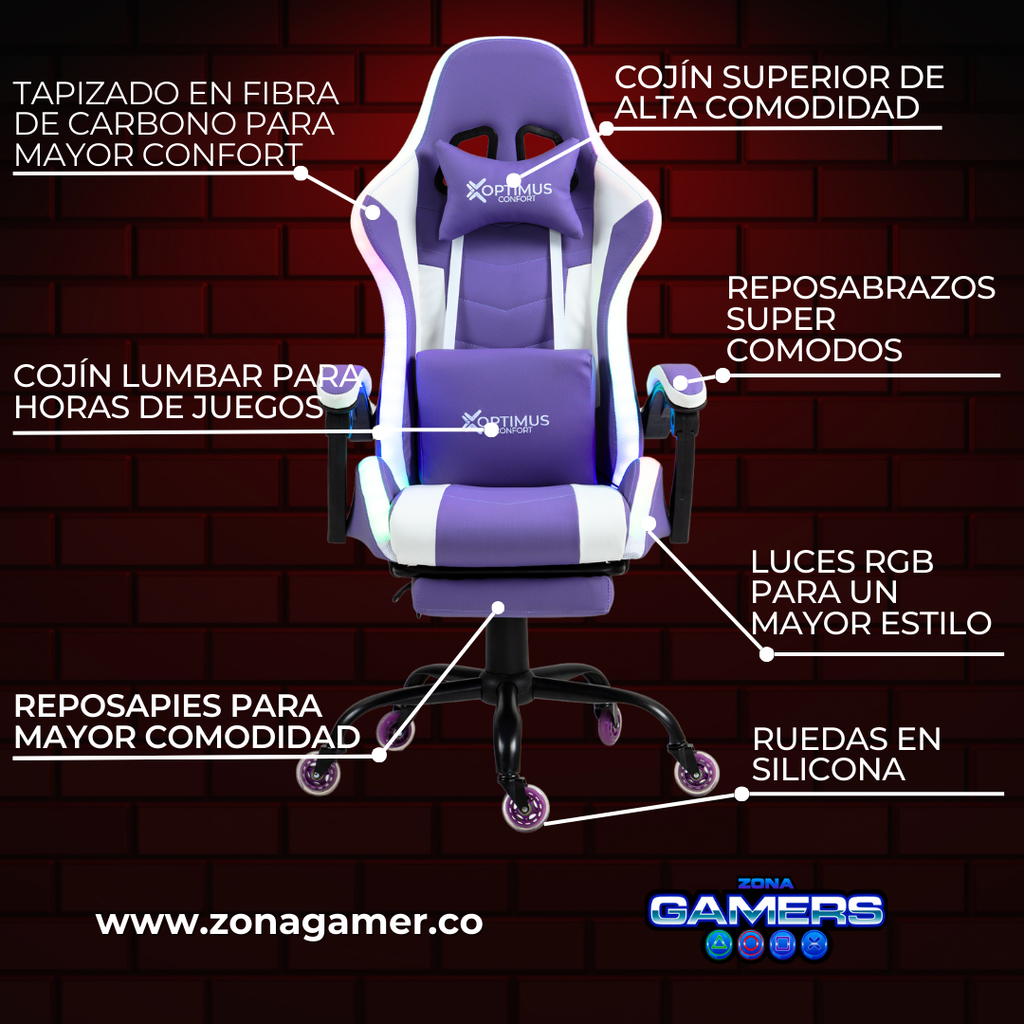 Silla gamer DX-1039F Lilac con luces RGB + reposapiés y ruedas en silicona