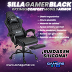 Silla Gamer ARMOR-1127F Black con reposapiés y ruedas en silicona