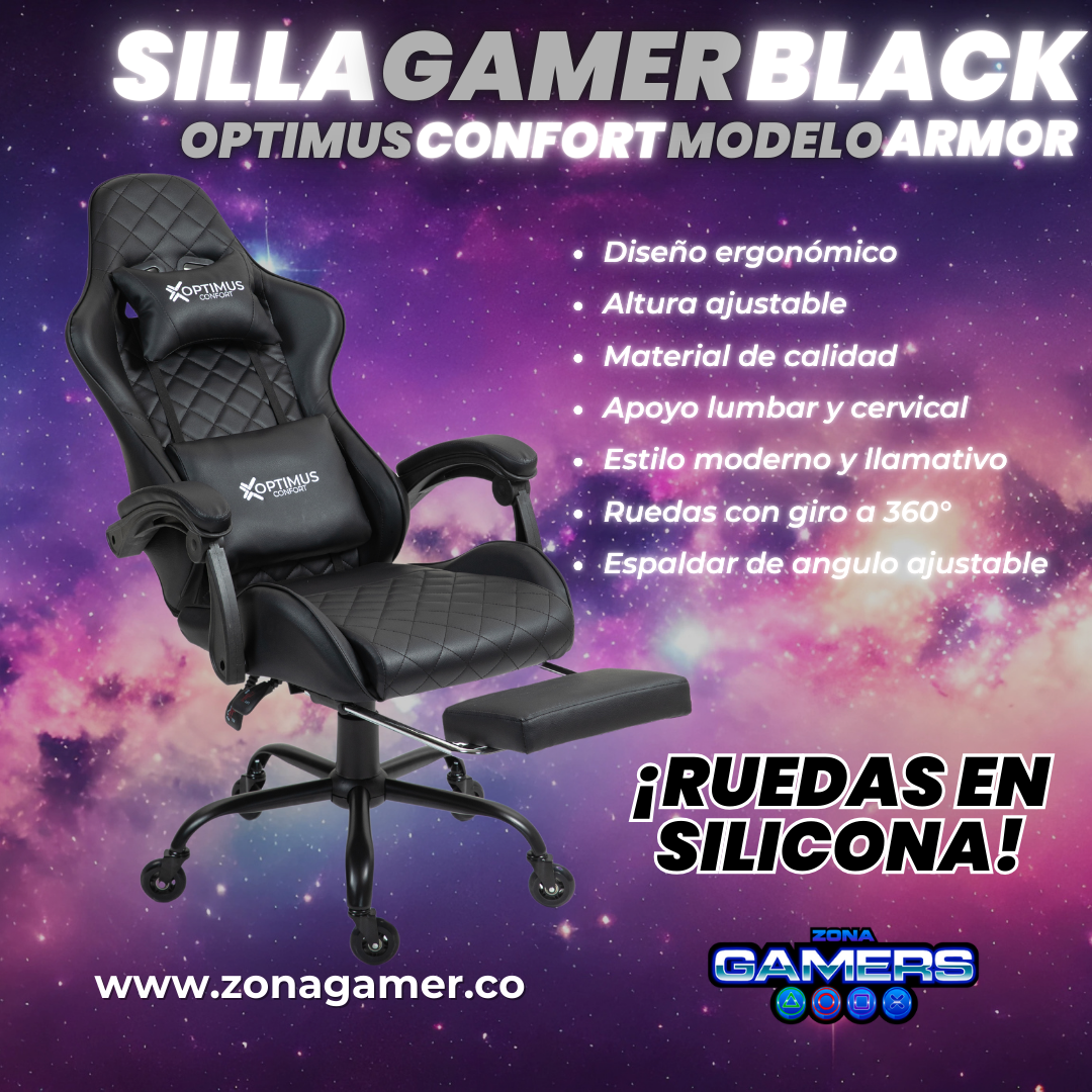 Silla Gamer ARMOR-1127F Black con reposapiés y ruedas en silicona