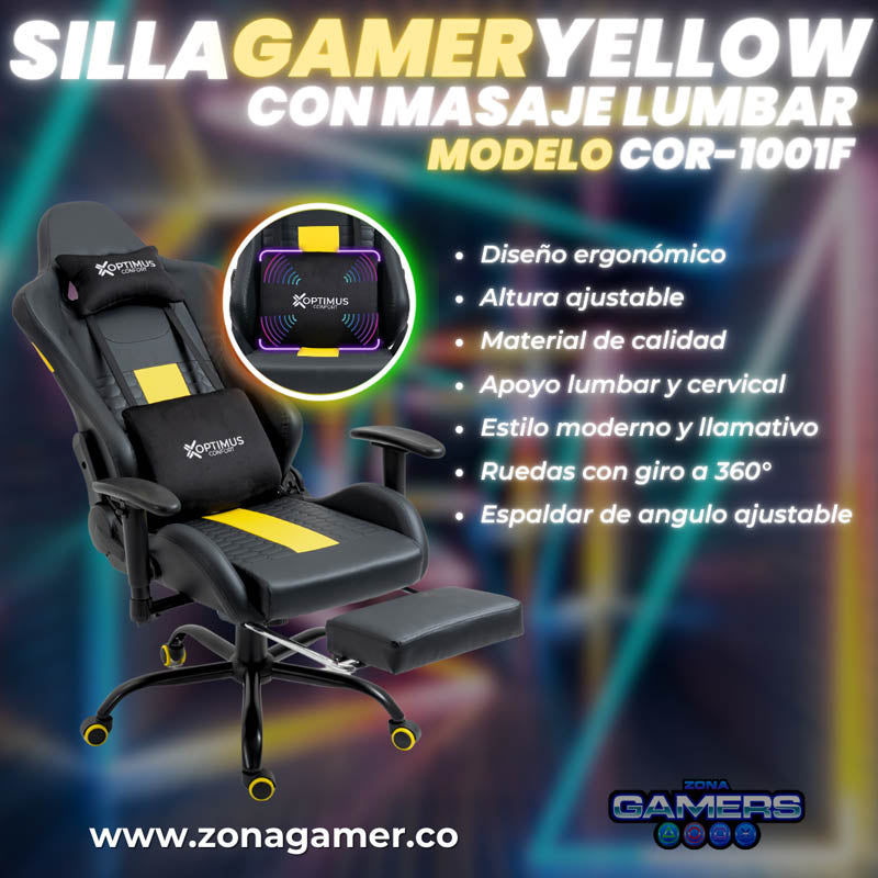 Silla Gamer COR-1001F Yellow con masajeador lumbar y reposapiés incluido