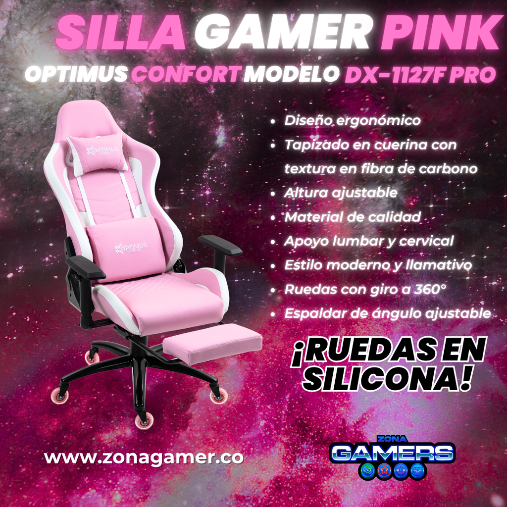 Silla Gamer DX-1127F PRO Pink con reposapiés y ruedas en silicona
