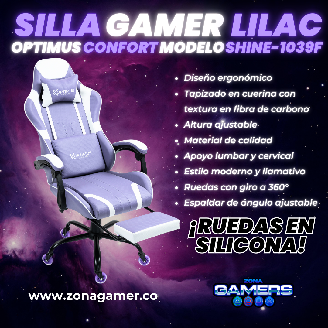 Silla Gamer Shine-1039F Lilac con reposapiés y ruedas en silicona