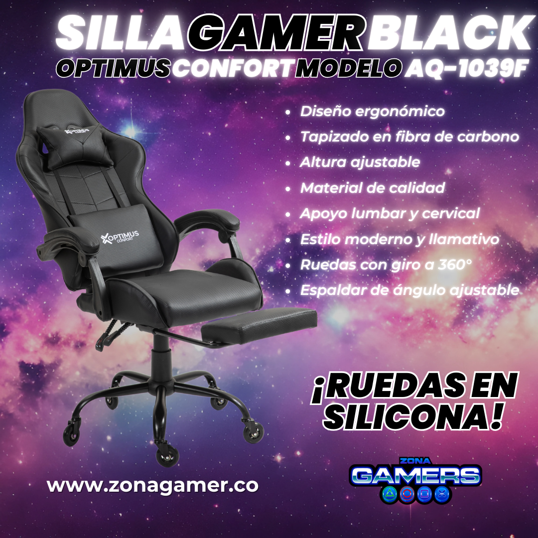 Silla Gamer AQ-1039F Black con reposapiés y ruedas en silicona