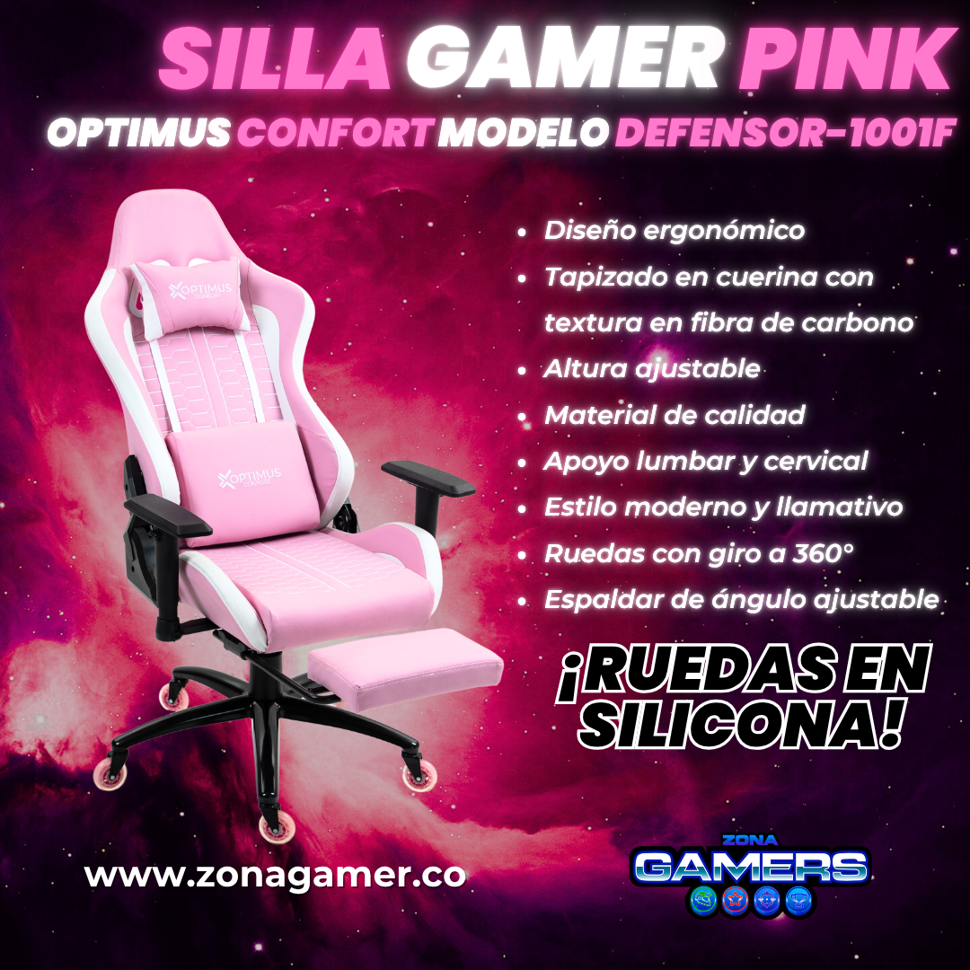 Silla Gamer Defensor-1001F Pink con reposapiés y ruedas en silicona