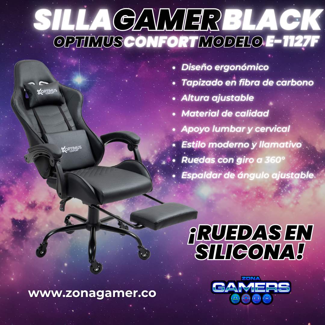 Silla Gamer E-1127F Black con reposapiés y ruedas en silicona