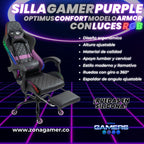 Silla gamer Armor Purple con luces RGB + reposapiés y ruedas en silicona