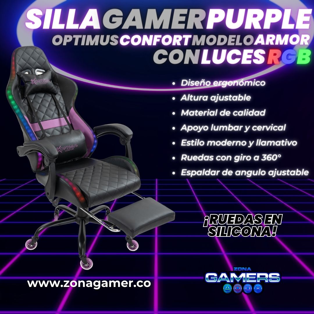Silla gamer Armor Purple con luces RGB + reposapiés y ruedas en silicona