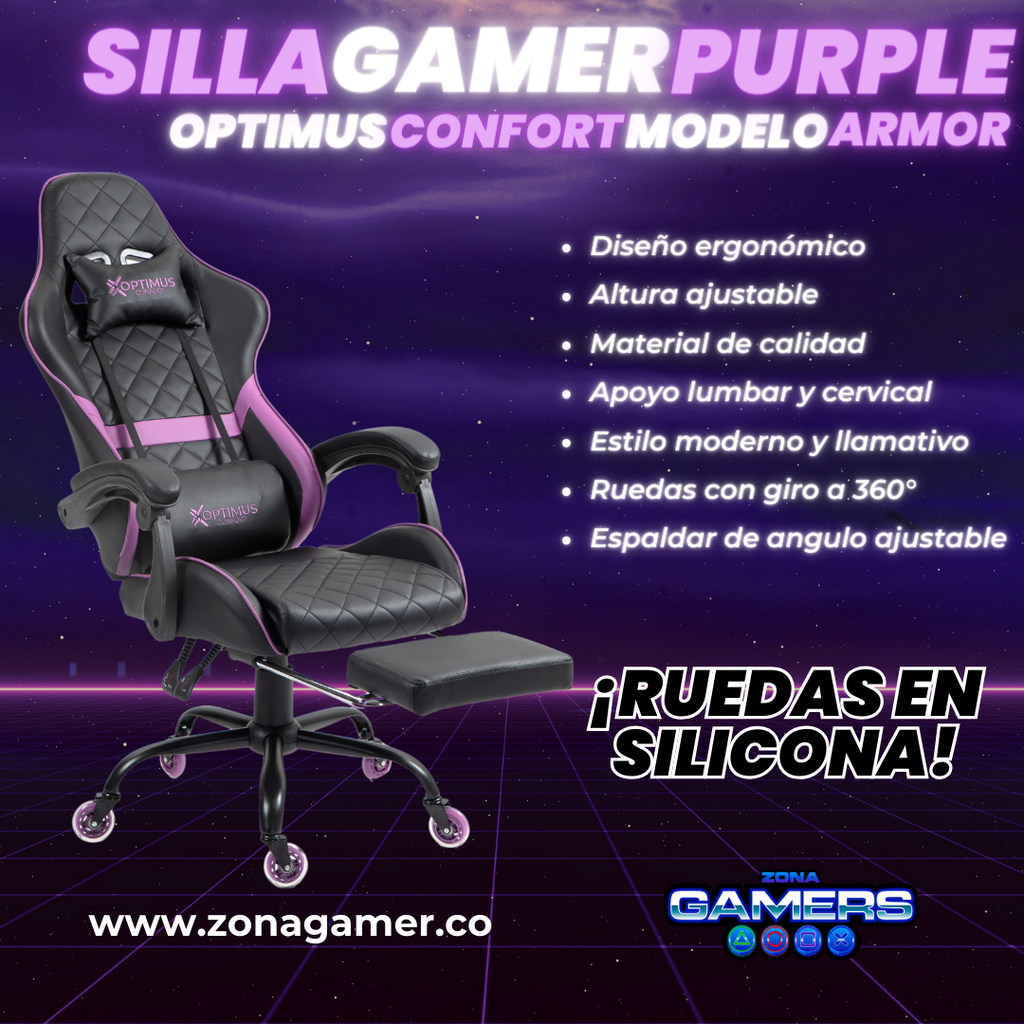 Silla Gamer ARMOR-1039F Purple con reposapiés y ruedas en silicona