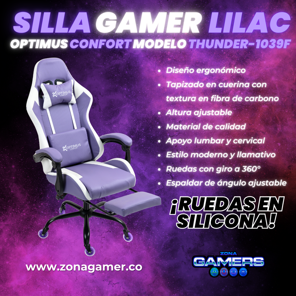 Silla Gamer Thunder-1039F Lilac con reposapiés y ruedas en silicona