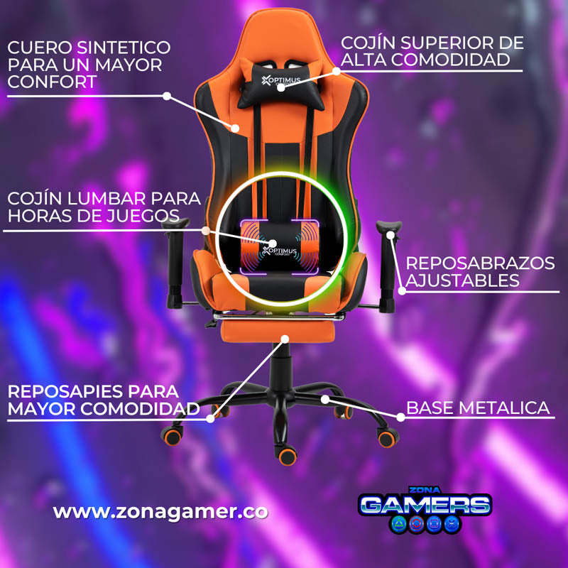 Silla Gamer A231001F Orange con masajeador lumbar y reposapies incluido