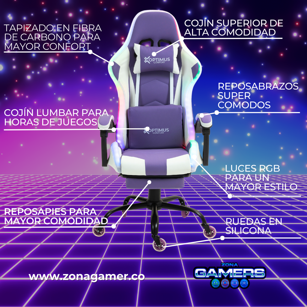 Silla gamer GT-1039F Lilac con luces RGB + reposapiés y ruedas en silicona