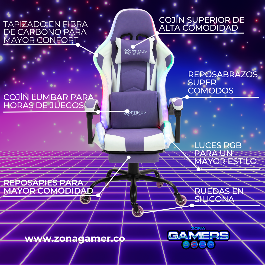 Silla gamer GT-1039F Lilac con luces RGB + reposapiés y ruedas en silicona