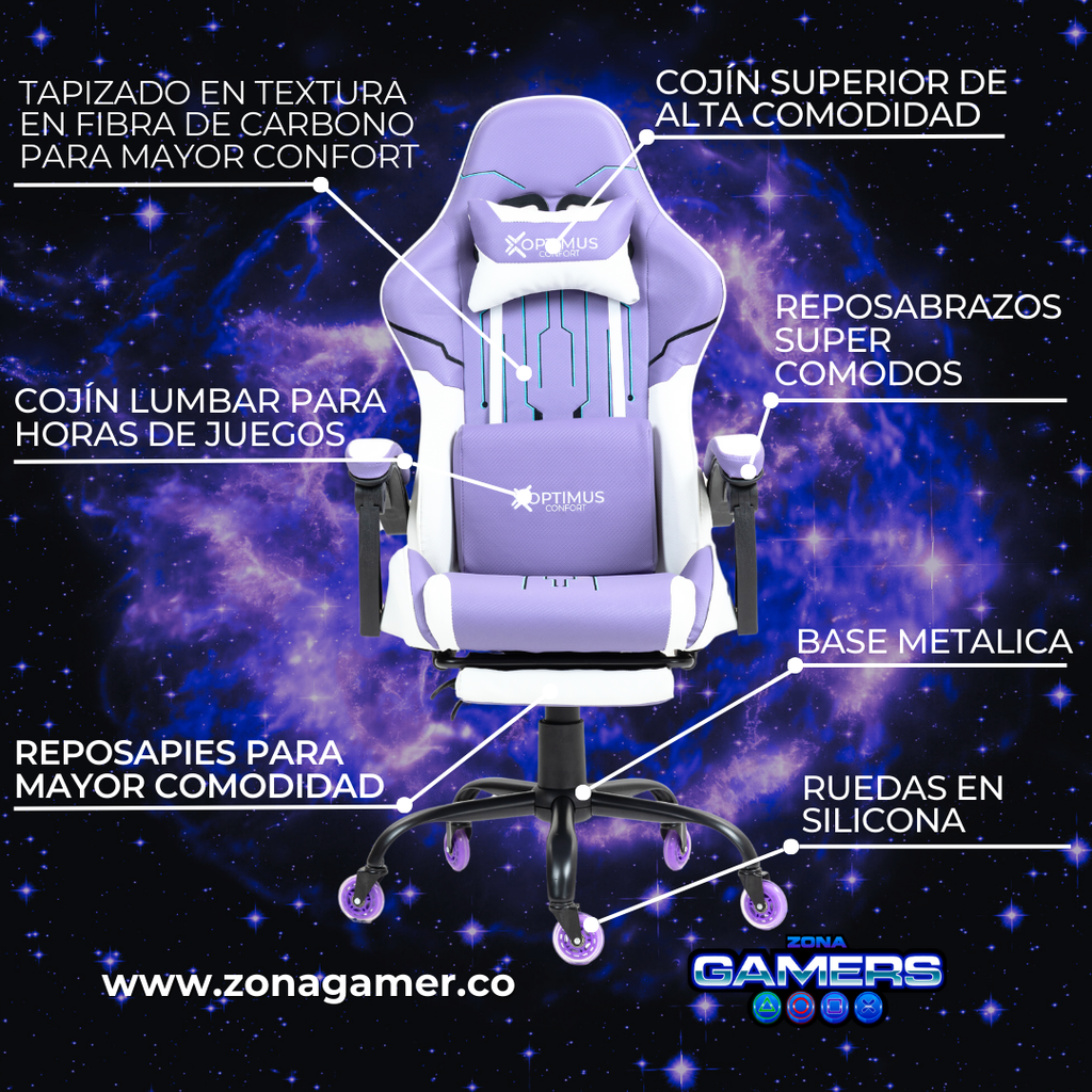 Silla Gamer DOW-1039F Lilac con reposapiés y ruedas en silicona
