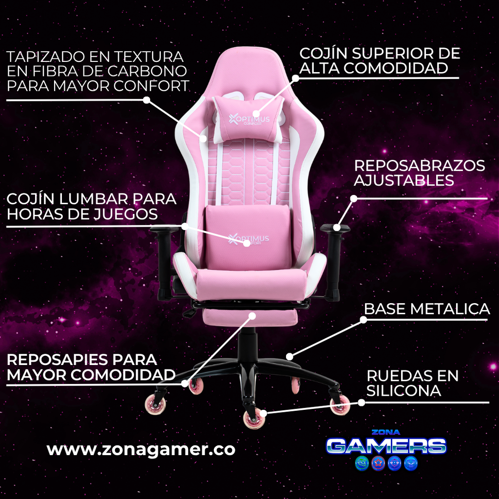 Silla Gamer Defensor-1001F Pink con reposapiés y ruedas en silicona