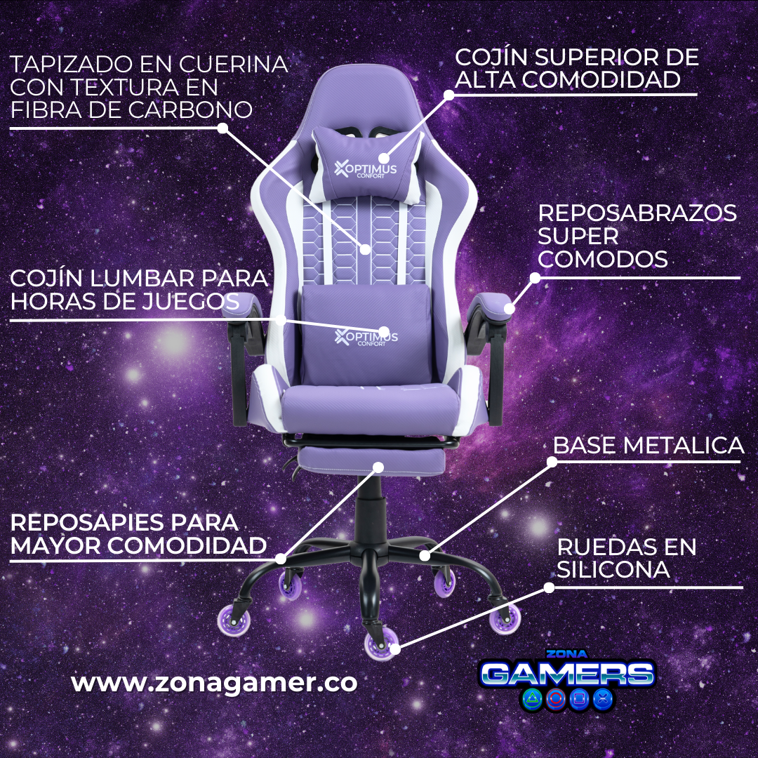 Silla Gamer Defensor-1039F Lilac con reposapiés y ruedas en silicona