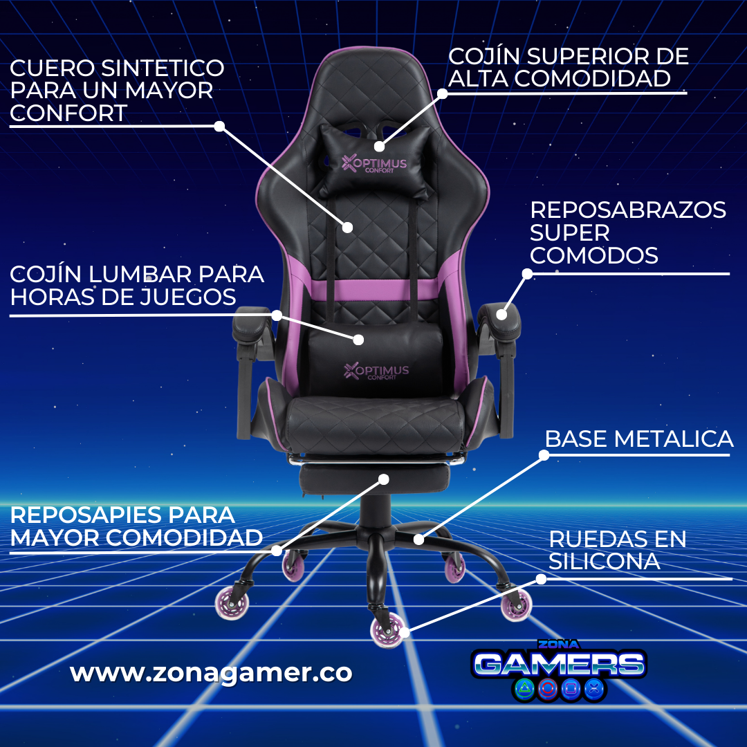 Silla Gamer ARMOR-1039F Purple con reposapiés y ruedas en silicona