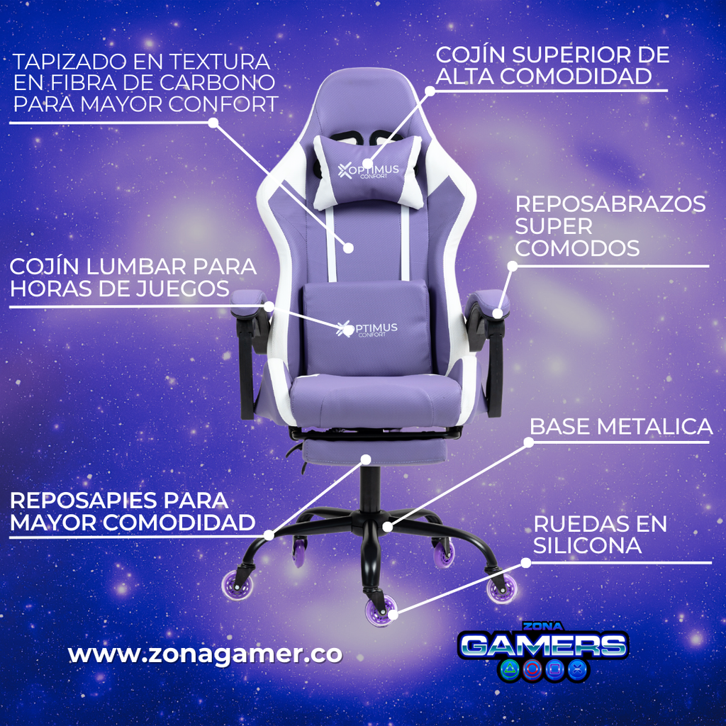 Silla Gamer Thunder-1039F Lilac con reposapiés y ruedas en silicona