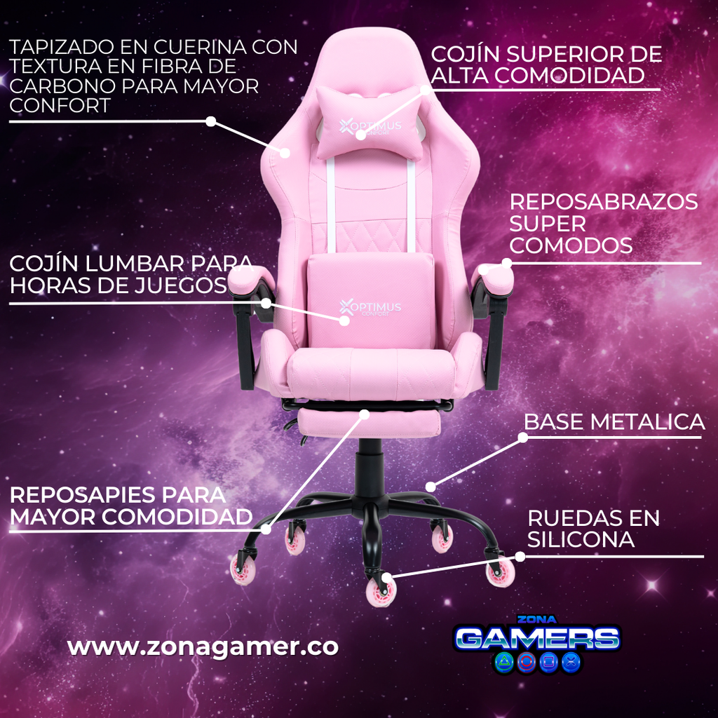 Silla Gamer CIR-1039F Pink con reposapiés y ruedas en silicona