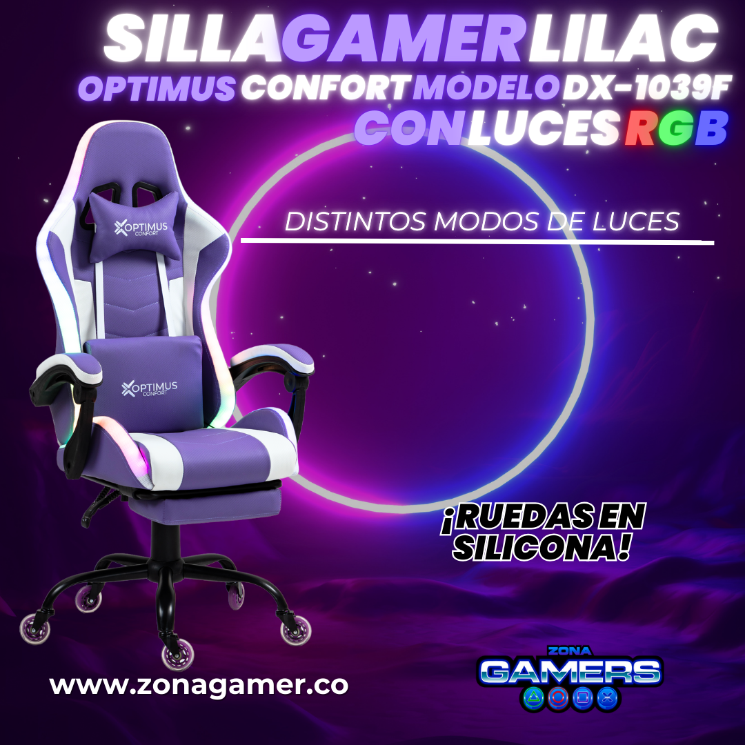 Silla gamer DX-1039F Lilac con luces RGB + reposapiés y ruedas en silicona
