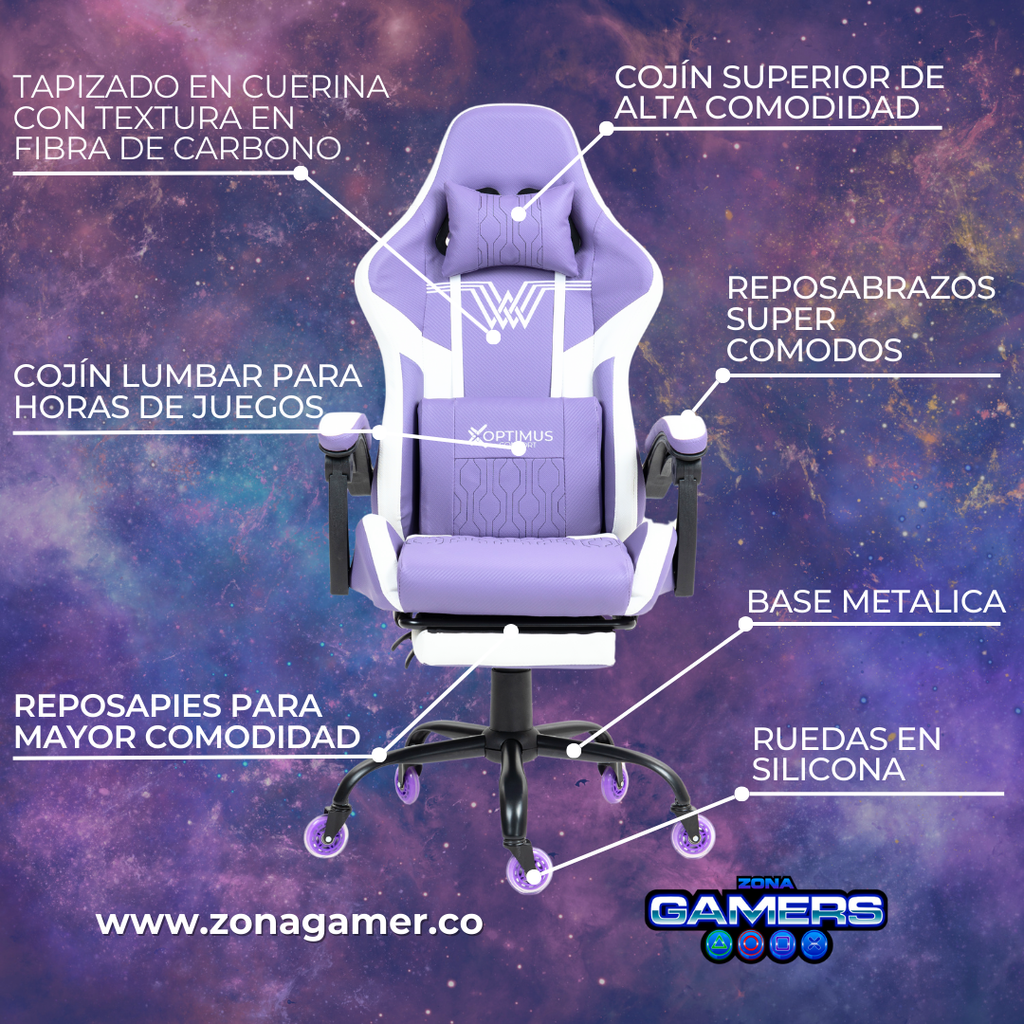 Silla Gamer DOWLINE-1039F Lilac con reposapiés y ruedas en silicona