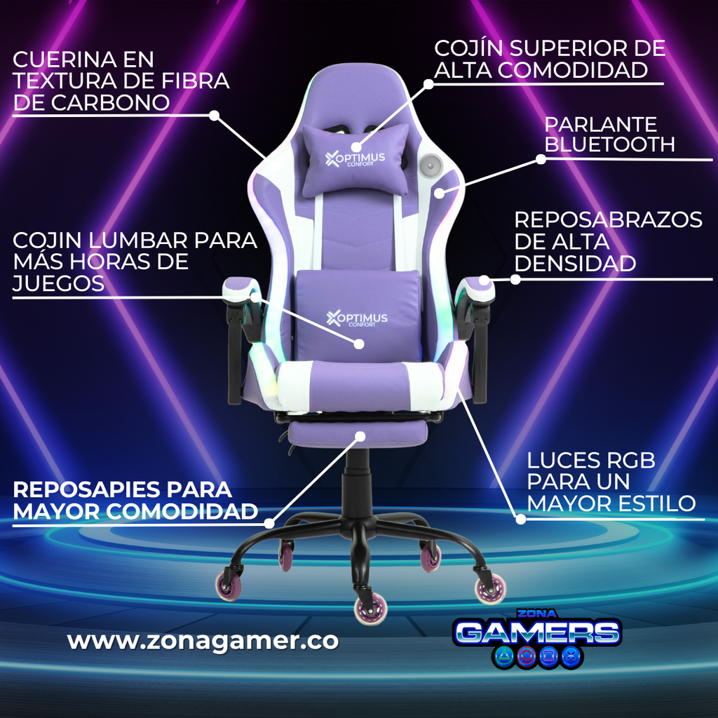 Silla gamer DX-1039F Lilac con luces RGB + Parlantes + reposapiés y ruedas en silicona