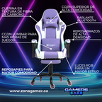 Silla gamer DX-1039F Lilac con luces RGB + Parlantes + reposapiés y ruedas en silicona