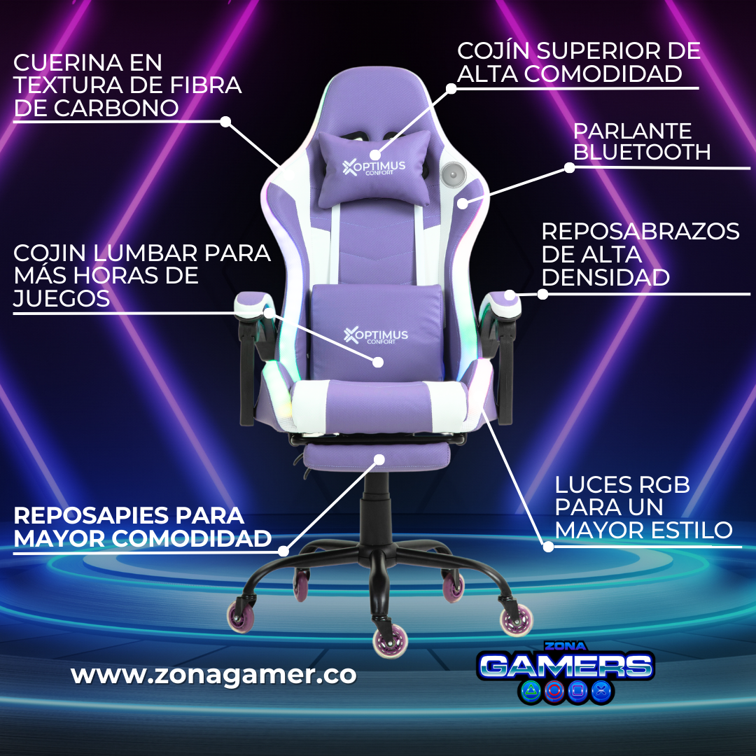 Silla gamer DX-1039F Lilac con luces RGB + Parlantes + reposapiés y ruedas en silicona