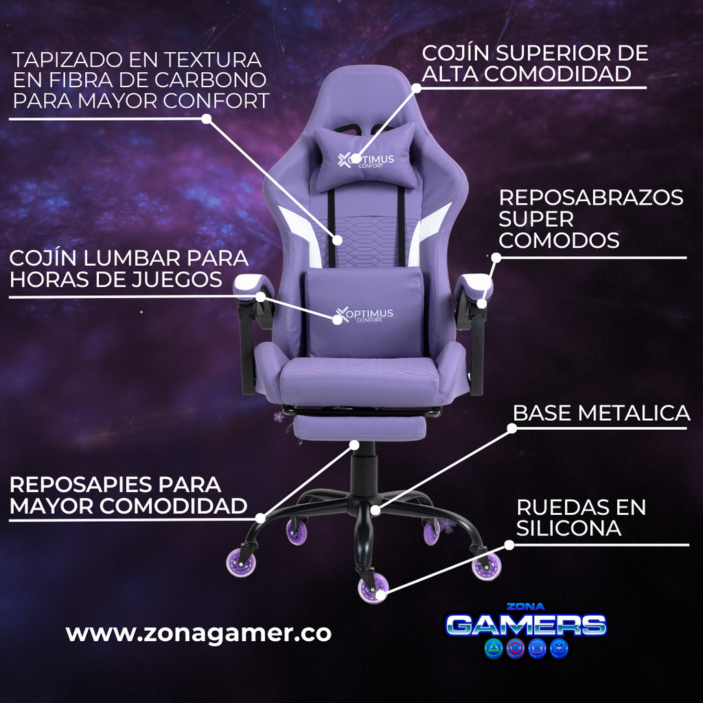 Silla Gamer Titan-1039F Lilac con reposapiés y ruedas en silicona