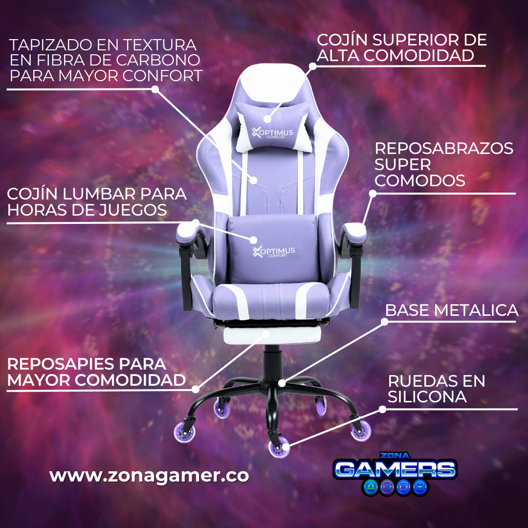 Silla Gamer Shine-1039F Lilac con reposapiés y ruedas en silicona