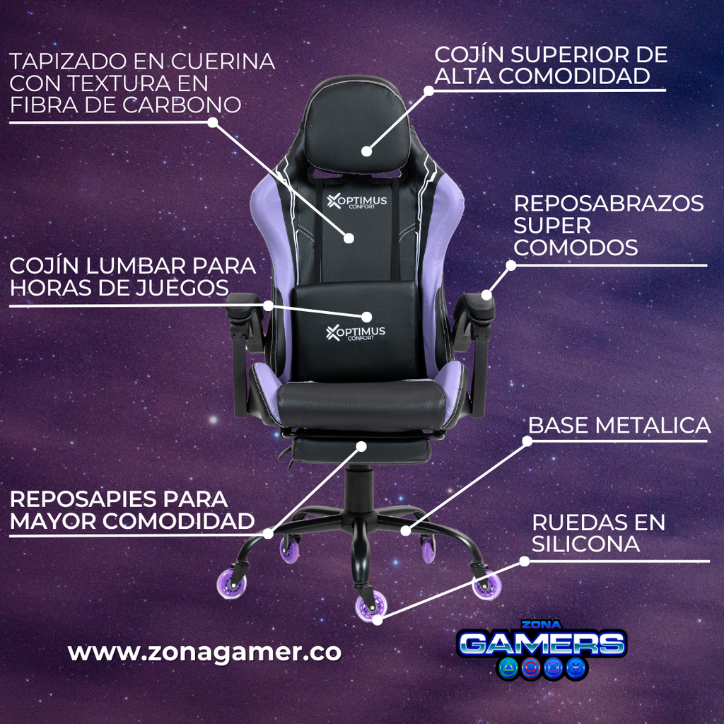 Silla Gamer Fly-1039F Lilac con reposapiés y ruedas en silicona