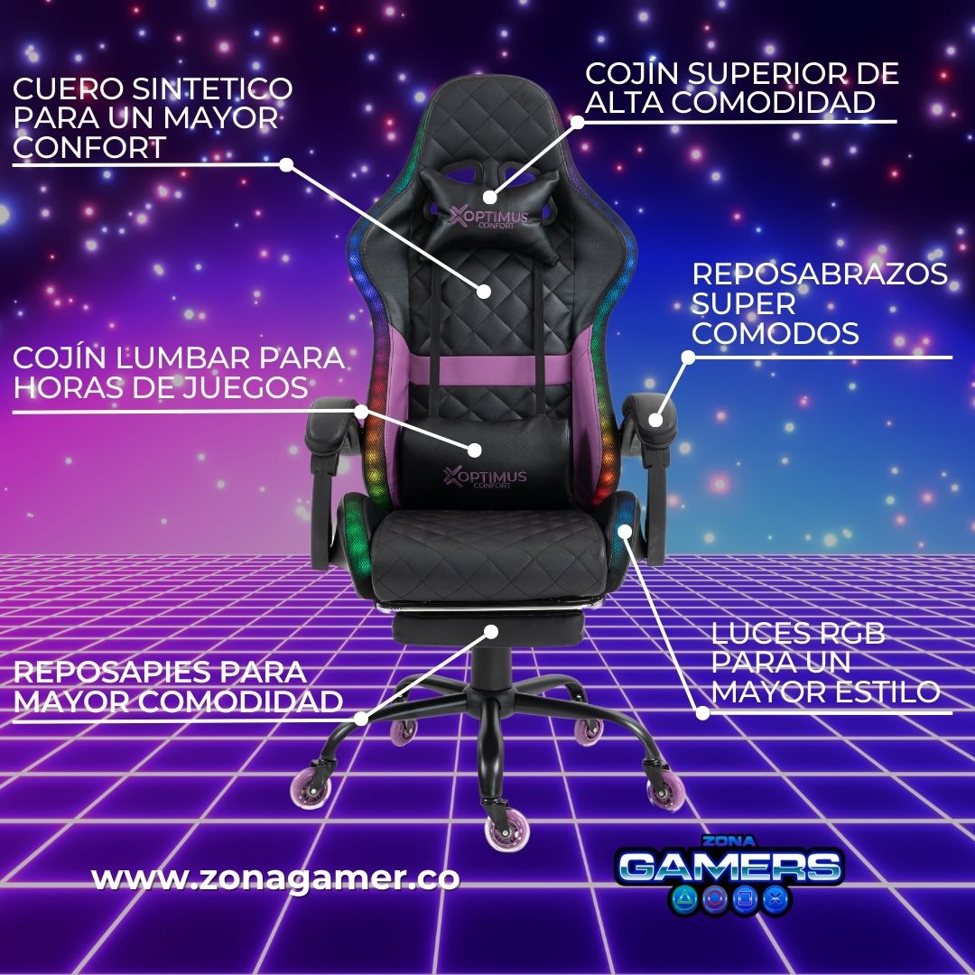 Silla gamer Armor Purple con luces RGB + reposapiés y ruedas en silicona