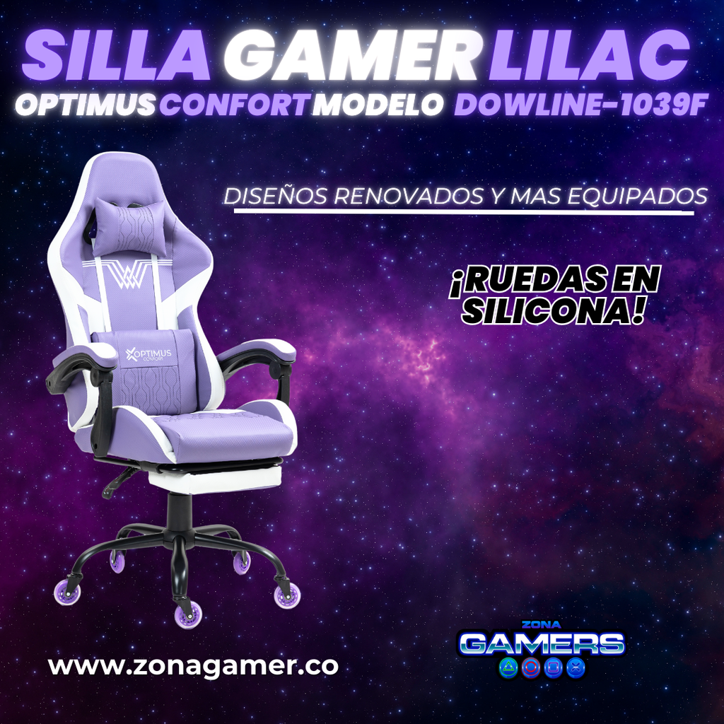Silla Gamer DOWLINE-1039F Lilac con reposapiés y ruedas en silicona